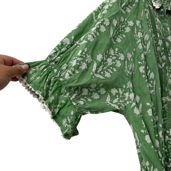 Juliet Dunn London Green Floral Blouson Mini Dress Waist Tie Button Front M/L - Picture 2 of 8